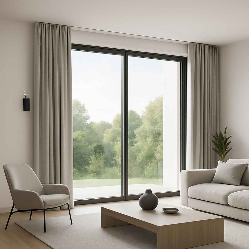 Cortinas motorizadas em sala de estar contemporânea