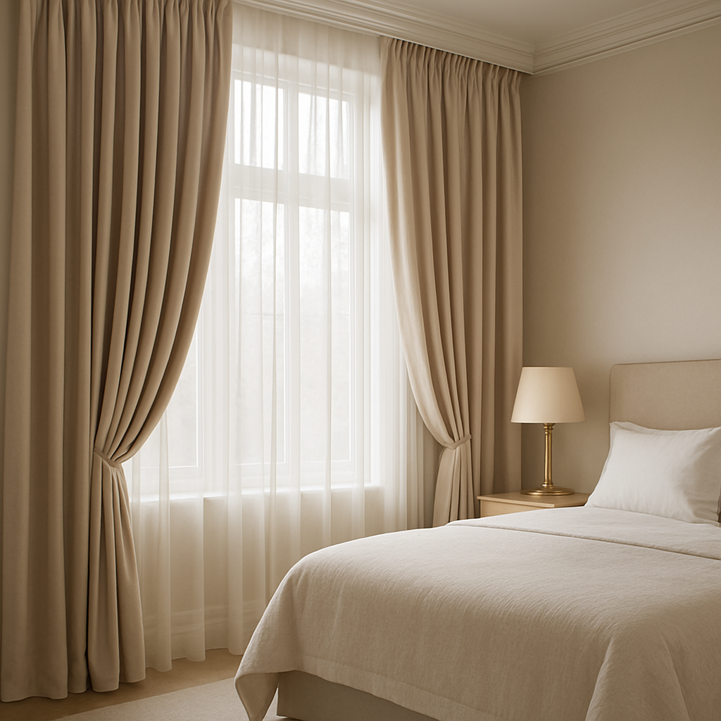 Cortinas longas sob medida em quarto de luxo